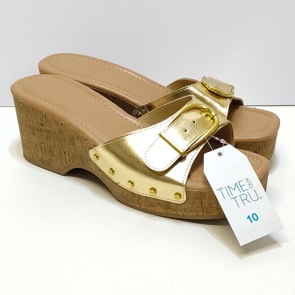 Time and Tru Gold Buckle Cork Wedge Platform Memory Foam Sandals Size 10 NWT - Picture 2 of 11
